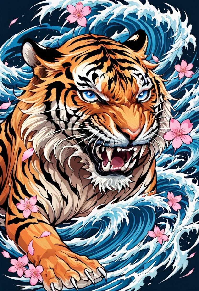 Solo tiger, Traditional Japanese tattoo design, realistic tattoo art of Orange tiger with (((Blue eyes))) with pink sakura petal effect ,he is with open mouth looking very fierce and very angry, the background is Japanese wave tattoo, (Unity 16K Wallpaper, masterpiece, Best Quality, high quality, Ultra-detailed, extremely details), a tattoo design, realistic tattoo art of Orange tiger with (((Blue eyes))) with pink sakura petal effect ,he is with open mouth looking very fierce and angry, the background is Japanese wave tattoo, scratching the viewer with fierce claw,  
