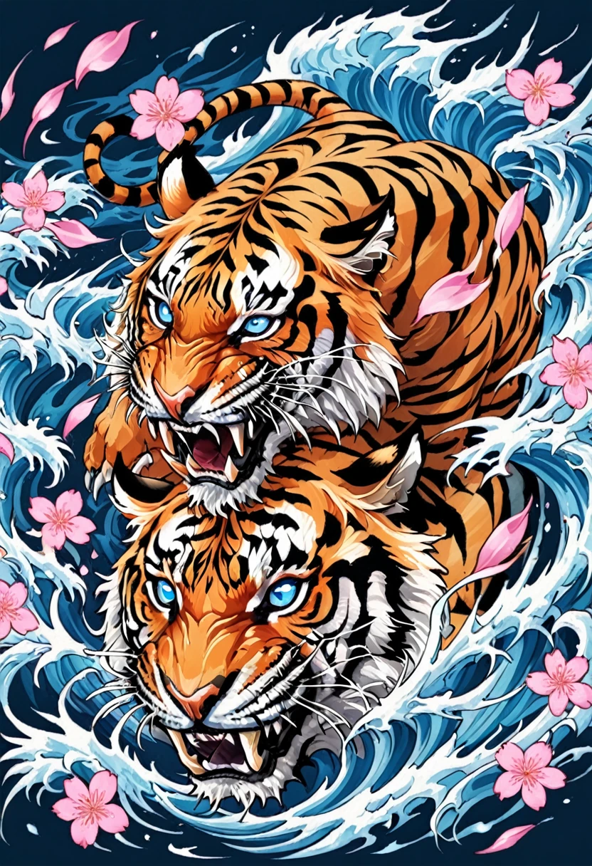 Solo tiger, Traditional Japanese tattoo design, realistic tattoo art of Orange tiger with (((Blue eyes))) with pink sakura petal effect ,he is with open mouth looking very fierce and very angry, the background is Japanese wave tattoo, (Unity 16K Wallpaper, masterpiece, Best Quality, high quality, Ultra-detailed, extremely details), a tattoo design, realistic tattoo art of Orange tiger with (((Blue eyes))) with pink sakura petal effect ,he is with open mouth looking very fierce and angry, the background is Japanese wave tattoo, scratching the viewer with fierce claw,  
