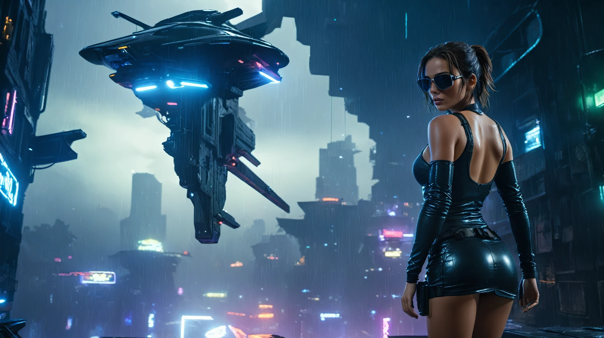 (aerial view, a flying cars docking platform, a very dark abandoned futuristic city, neon lights), rainy night. A girl as Lara Croft, solo, alone, large-breast:1.2 slim body, cleavage:1.1, sexy wind blowing wet dress:1.4, (headphone, black sunglasses), (((((she raised:1.8 a pistol:1.8 and took aim at viewer))))), dynamic pose, (((half-body thigh level medium shot))), cinematic lighting, lens flare, ray tracing.