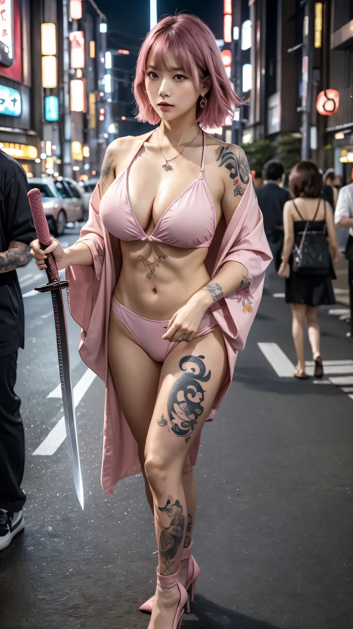 Beautiful Chinese woman, (), cute face, red lips, white moisturized skin, moles, (under-eye bags),
BREAK,
Feminine body with high athletic ability, Body of a female fitness model, Feminine body with hard tones, (Muscles: 1.2), (Beautiful belly button),
BREAK,
Fighter, Kung Fu fighter, Idol, (Yakuza), (Yakuza),
BREAK,
(Wearing a cute dark pink kimono: 1.3), (Kimono with high exposure), (Stiletto heels, black long boots 1.3), necklace, very large earrings, short length,
BREAK,
Short hair, (Short bob hair), (Bangs: 1.2), (Pink hair: 1.3), (Wavy hair),
BREAK,
(Very large Japanese sword: 1.4), (Holding the handle of a Japanese sword: 1.3), (Fighting: 1.2), (Getting into a fighting stance), (Beautiful blade of a Japanese sword: 1.2)
BREAK,
(Japanese tattoo: 1.4),
BREAK,
Masterpiece, Perfect lighting, Ultra high resolution, 8K, (Very detailed: 1.4), (From the front), Looking at the camera, Melancholic expression,
BREAK,
(Tokyo city, lots of people in the background: 1.2), Background of the city of Shibuya, Tokyo, Japan,
