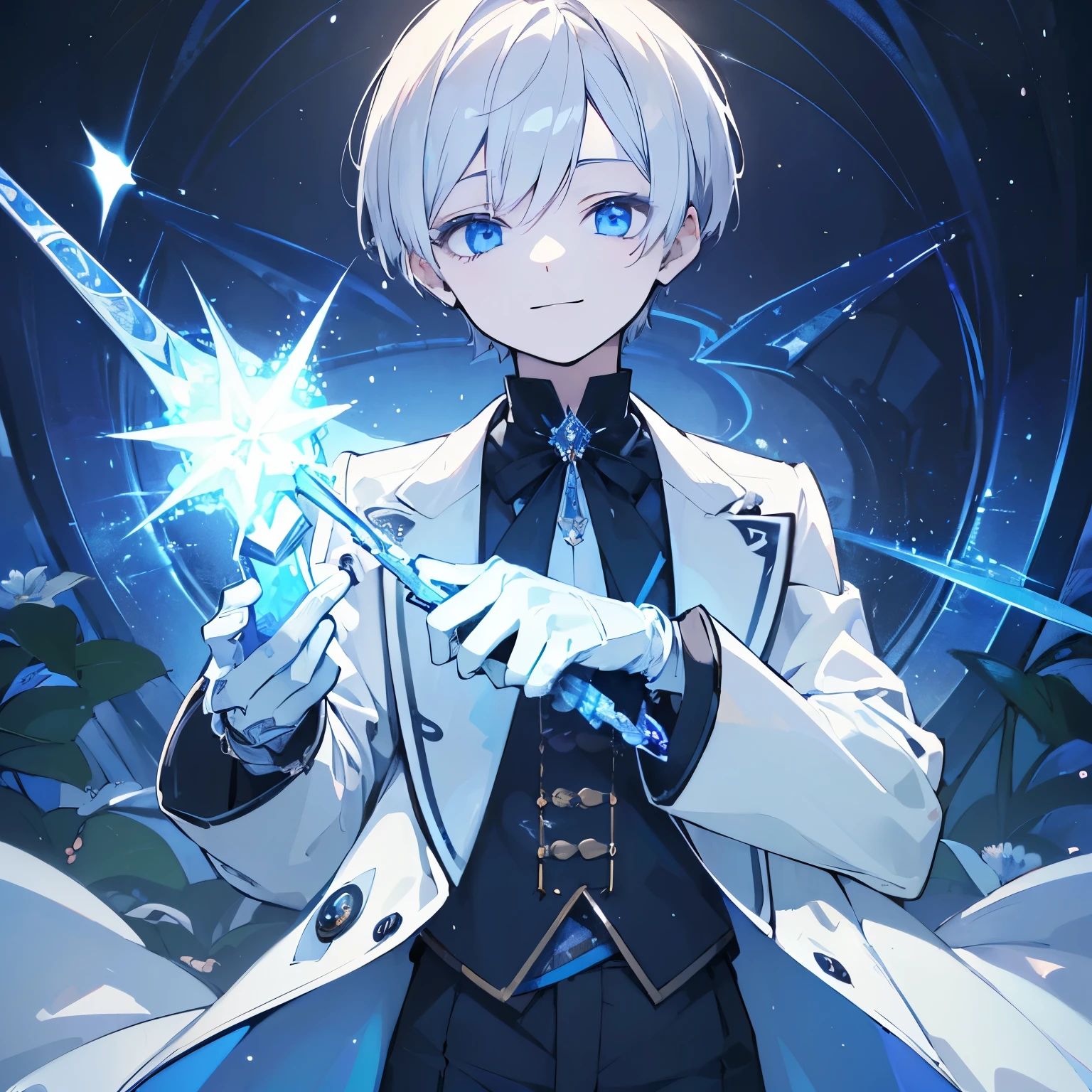 (masterpiece, Highest quality:1.2), ((Very detailed, 8k, ))smile, (slim), One boy, White Very Short Hair, Dark blue eyes, puppet, I have a magic wand, Beautiful long sleeve shirt and checked long pants, White gloves, Beautiful botanical gardens, Magical Effects, ice effect, Beautiful Eyes