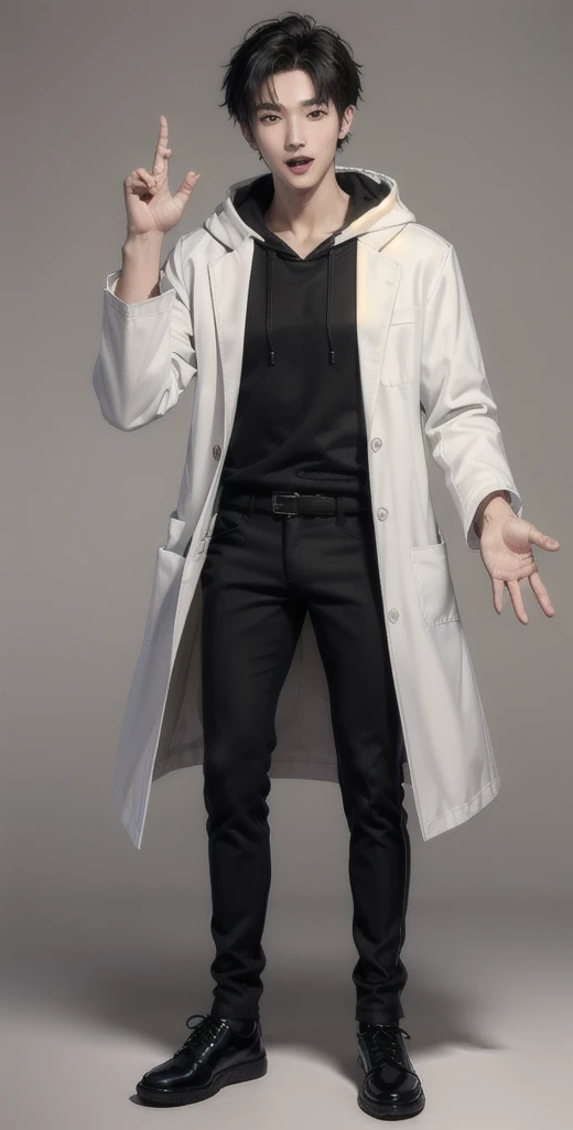 (OK Sign.:1.4),(photorealistic:1.2), (high detail face:1.3), (high detail hands:1.3), (anatomically correct hands:1.2), handsome young asian man, Japanese idol style, short clean-cut hair, ((center part)), (crisp white lab coat:1.3), ((black hoodie underneath:1.2)), (black pants:1.2), (black shoes:1.2), (enthusiastic expression:1.3), ((explain pose:1.4)), (both arms raised:1.3), (clenched fists:1.3), (energetic stance:1.2), plain white background, mid-shot portrait, full body view, high quality, detailed, 8K, (realistic skin texture:1.2), (sharp focus:1.1), (contrast between white coat and black clothing:1.2)