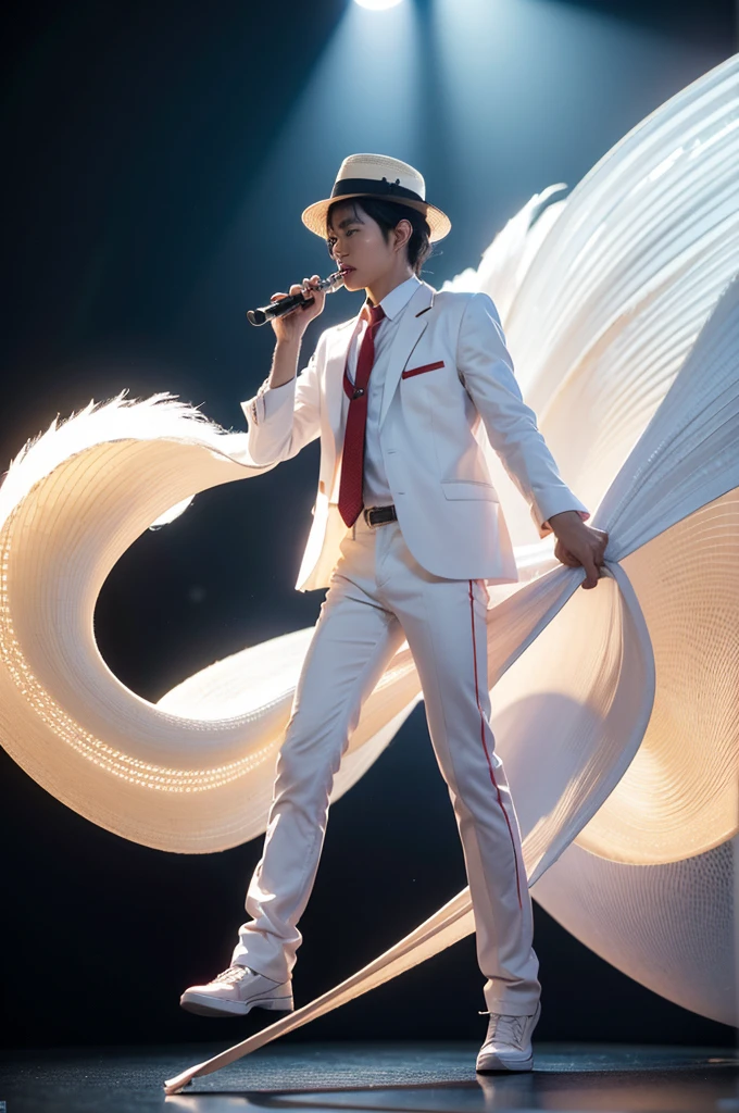 A handsome male jazz musician from Indonesia wears a white panama hat with a red ribbon, a hot muslin shirt with the inscription "Yusrin Editor" on it, black jeans and white adidas shoes.playing the saxophone on a smoky club stage., (complex 3D graphics that shine produces high quality 8k octane HDR UHD professional unreal vray cinematic engine PS5 :1.3).full body bright face lighting 