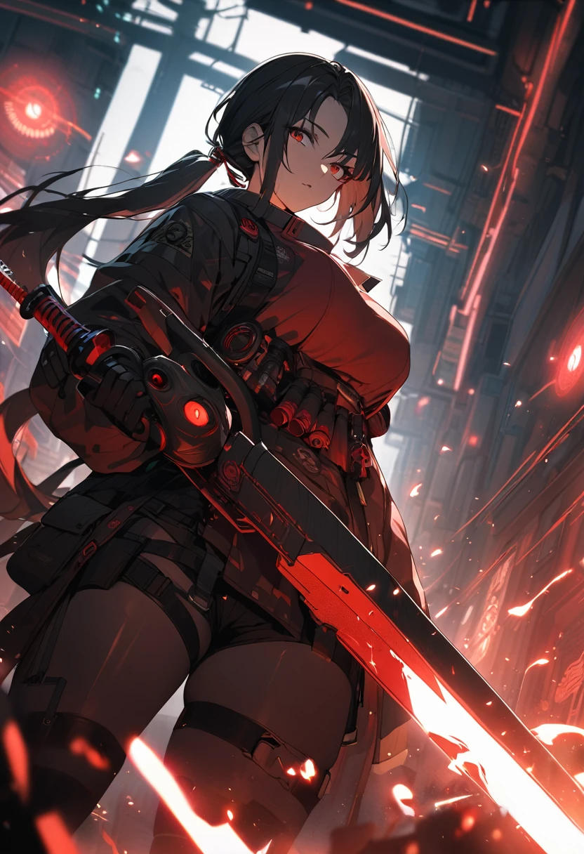 A woman,matured, perfect anatomy, cyberpunk gas mask,long pony tail hair(black hair),red aura,red magic circle,long samurai sword, cinematic lighting, cinematic angle,