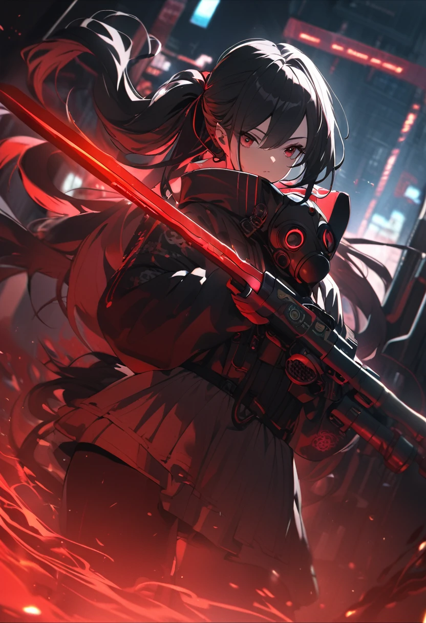 A woman,matured, perfect anatomy, cyberpunk gas mask,long pony tail hair(black hair),red aura,red magic circle,long samurai sword, cinematic lighting, cinematic angle,