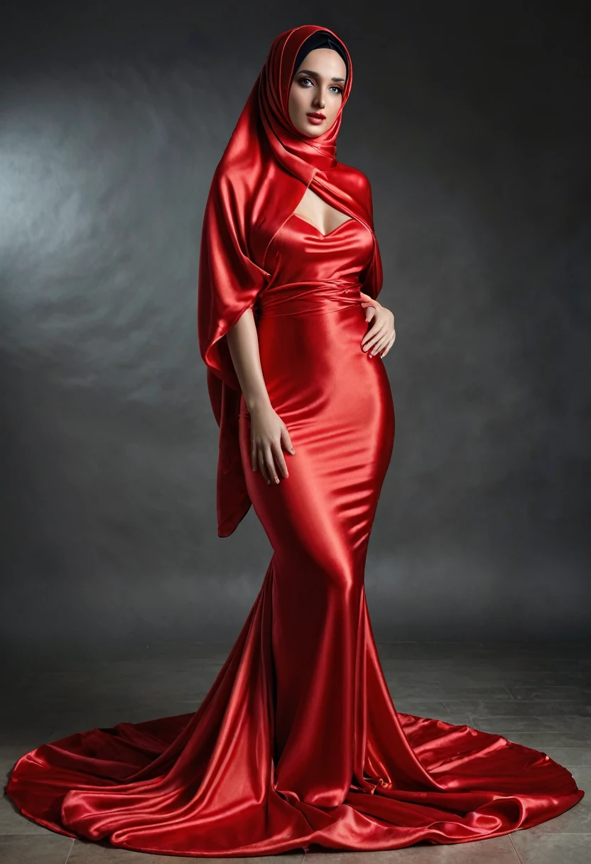 a sexy a woman covered in large red satin cloth, tied tightly with the satin cloth, mummified, the satin hanging down very long, a mermaid style dress, wearing a satin hijab, the satin cloth is very long, forming the curve of the body, flowy satin about 4 meter,full body pose, masterpice, 4k resolution, ultra-realistic, highly detail.