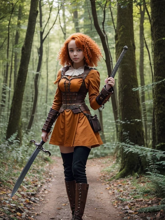 15 year old girl, Lovely, orange hair, Very short, Very curly, slim, flat bust, with freckles on the face, with slavic features, steampunk dress, Whole body, two hands, sword in right hand, shows her legs, In the woods.