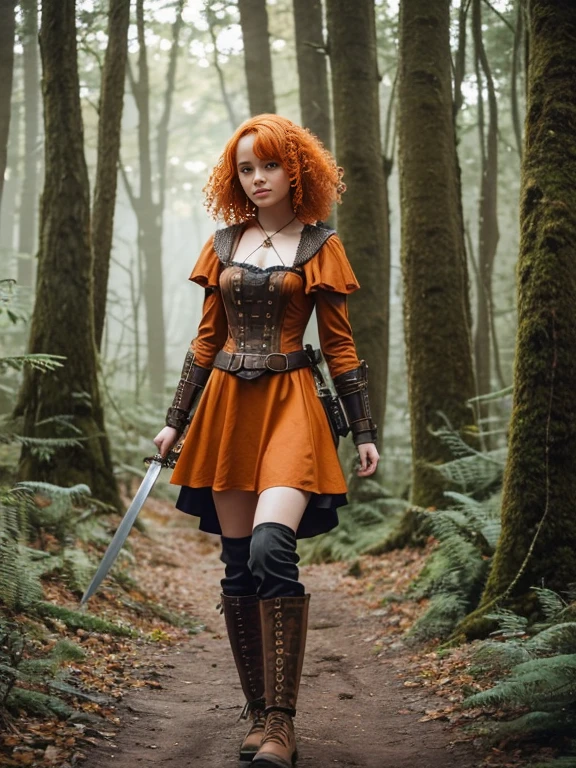 15 year old girl, Lovely, orange hair, Very short, Very curly, slim, flat bust, with freckles on the face, with slavic features, steampunk dress, Whole body, two hands, sword in right hand, shows her legs, In the woods.