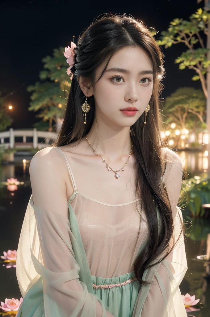 (((best quality))),(((ultra detailed))),(((masterpiece))),illustration,((1 beautiful young girl,solo)),((slim,thin)),(shoulder length straight hair:1.2),((earrings,necklace)),((small breasts,flat chest)),(see through traditional pink sheer Hanfu dress:1.3),(beside the lotus pond full of lotus flowers:1.3), serene moonlight, ethereal,floral pattern, water movement, billowing fabric, tranquil, moon reflection, petals, fireflies, magical, light,warm light, dreams, invitation, standing, gazing, reflection, inner thoughts, emotional, sweet scent, natural beauty, solitude, hypnotic lull, eternal summer night, natural world, human spirit, celebration, backdrop, water, glow,((from front,upper body))
