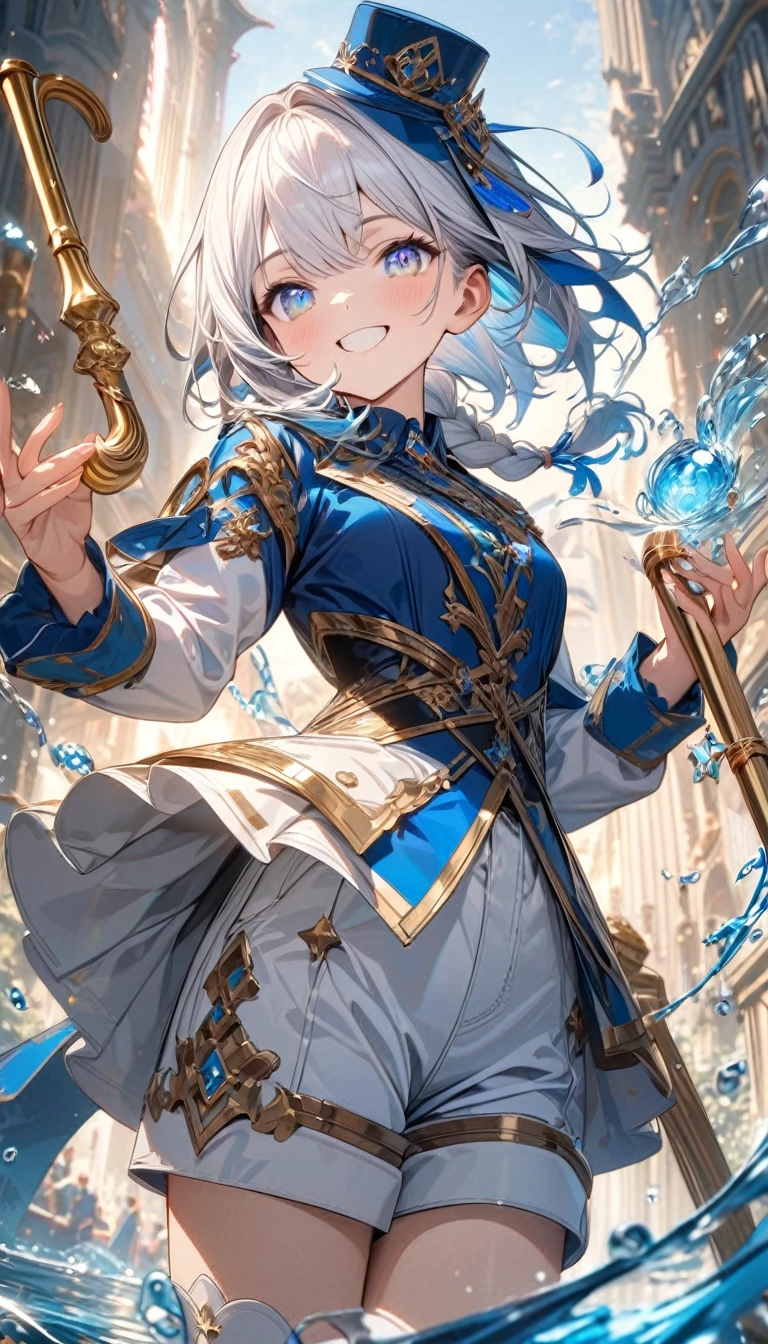 Young girl, short white hair with blue parts, low braid, blue eyes, multi colored eyes, smile, blue little hat, blue French shirt, long sleeves, white shorts, golden elements, cane, water magic, Masterpiece, best quality, Full HD, 8k, ultra details, great graphic