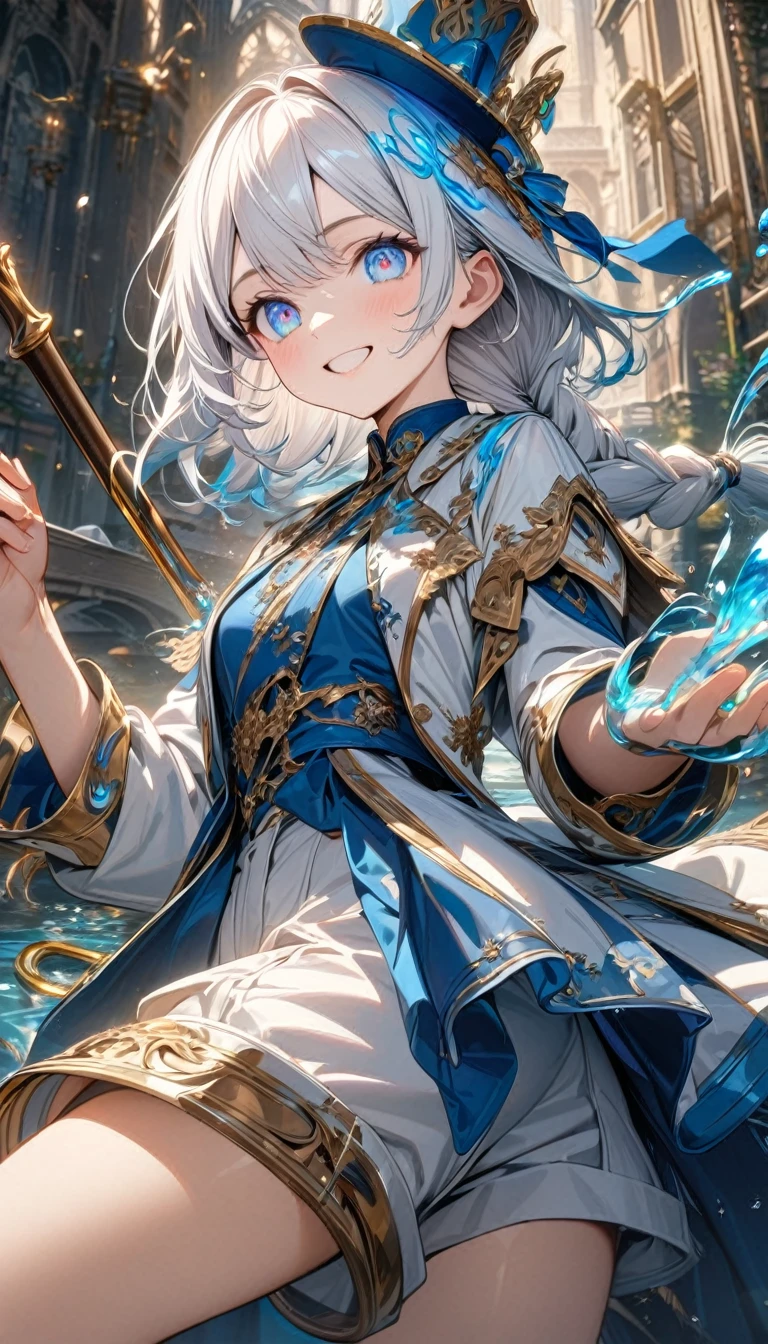 Young girl, short white hair with blue parts, low braid, blue eyes, multi colored eyes, smile, blue little hat, blue French shirt, long sleeves, white shorts, golden elements, cane, water magic, Masterpiece, best quality, Full HD, 8k, ultra details, great graphic