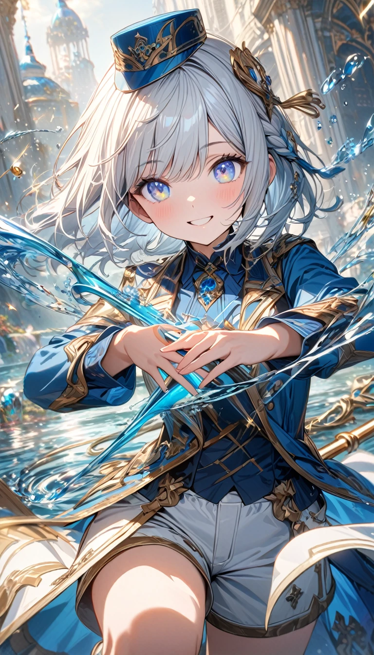 Young girl, short white hair with blue parts, low braid, blue eyes, multi colored eyes, smile, blue little hat, blue French shirt, long sleeves, white shorts, golden elements, cane, water magic, Masterpiece, best quality, Full HD, 8k, ultra details, great graphic