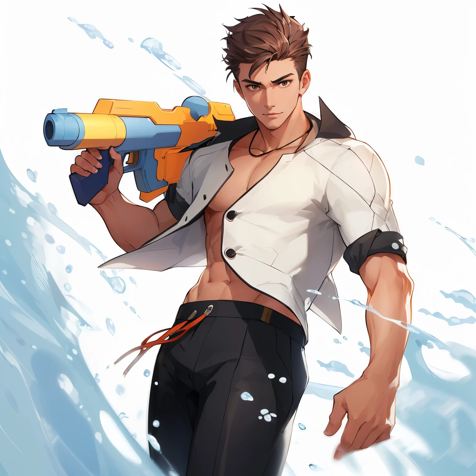 Handsome male model,Wearing a white suit jacket and black swimming trunks,Wear sunglasses,Handheld toy water gun,Surf in the sea,Armed with a water gun,Brown short hair,Dynamic moves in surfing,Front view,Side View,Handsome man,Handsome facial features,Summer Clothes,Filming,Digital character illustration,Disney art style,Protagonist image,Realistic characters,Character style,Backlight,Charming character illustration style,excellent work!Clean background iw 2, super detail, 16K, texture mask, high detail, 3d render, raytracing, Octane renderer, Blender renderer, C4D Renderer Aspects 9:16 -- less than 5 -- with 180