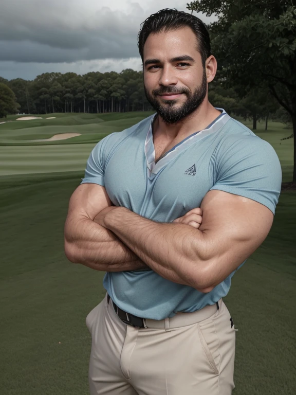 Masterpiece, Best Quality, High resolution, close-up portrait, (1 chico:1.4) A man in golf clothing, muscular, (with shirt: 1.2) male focus, focus alone, tanned skin, 38-year-old man in golf course., muscular, strong, furry, masculine, (shirtless: 1.2), in the background a farm, in a storm, amazing composition, front view, HDR, volumetric lighting, (plano general, FROM THE FRONT:1.2) (GS-Macho :1.5) (magnificent landscape:1.2), macho, thick forearms, thick arms, huge thighs, charming smile, winking