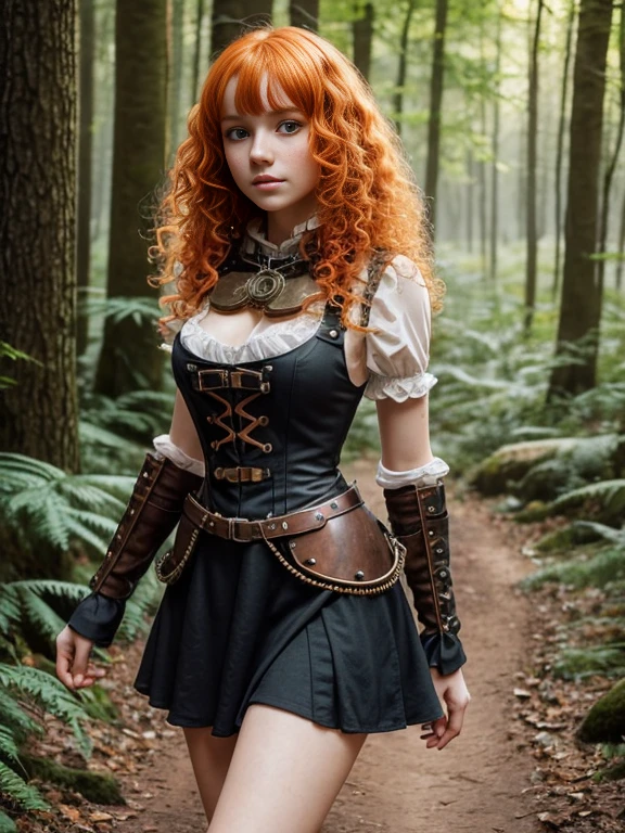 17 year old girl, Lovely, orange hair, Very short, Very curly, slim, flat bust, with freckles on the face, with slavic features, steampunk dress, Whole body, two hands, shows her legs, In the woods.