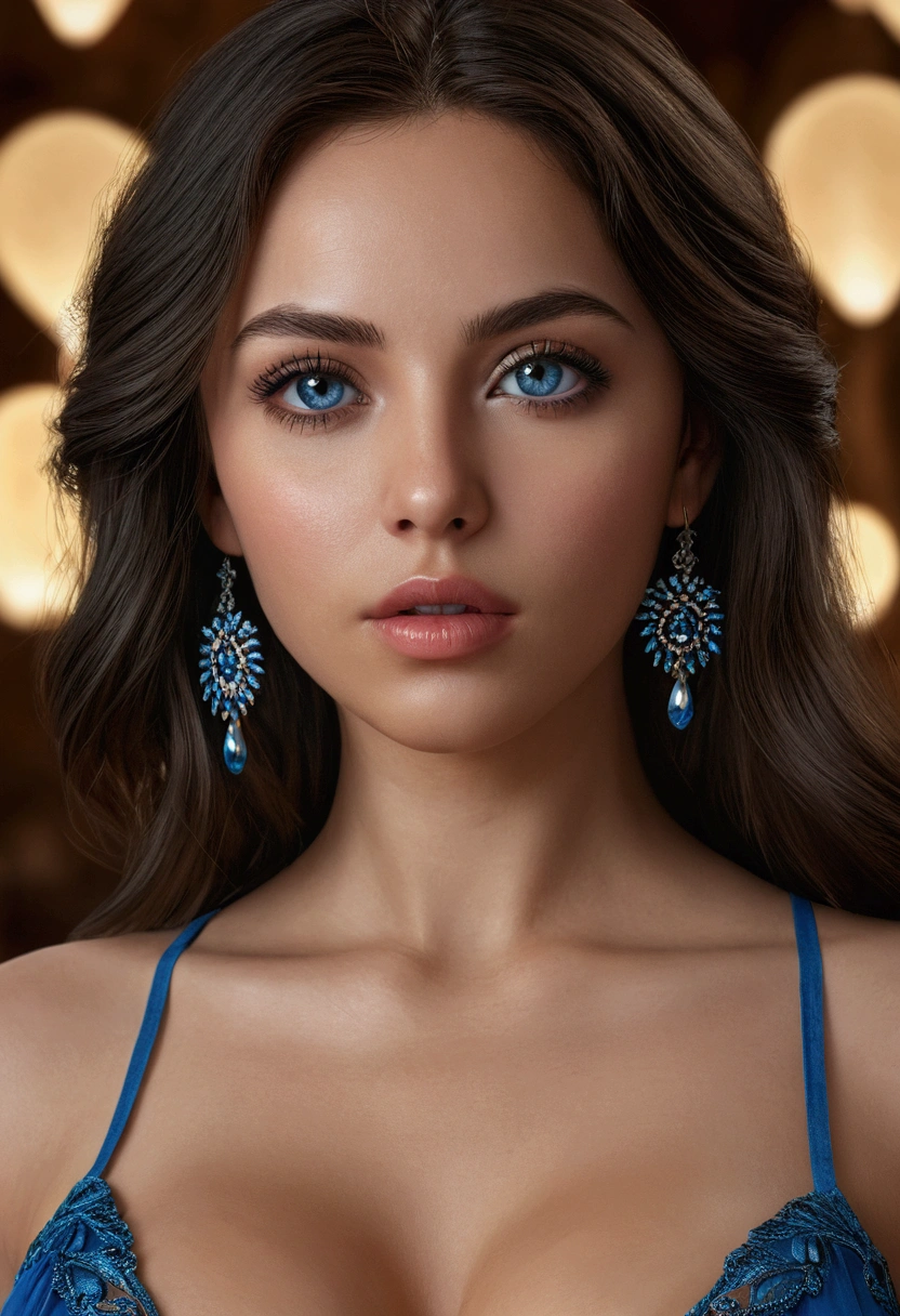 Beautiful detailed eyes,beautiful detailed lips,extremely detailed eyes and face,long cils,1fille,toe,brunette woman,native characteristics,longs cheveux noirs,Chemise de nuit bleue,deep neckline,Partially visible breasts,best quality,4K,8k,high resolution,head of'artwork:1.2,ultra-detailed,realistic,photorealistic,photo-realistic:1.37,HDR,uhd,studio lighting,Ultra fine paint,sharpness,Physics-based rendering,extremely detailed description,professionnel,Couleurs vives,bokeh,portraits