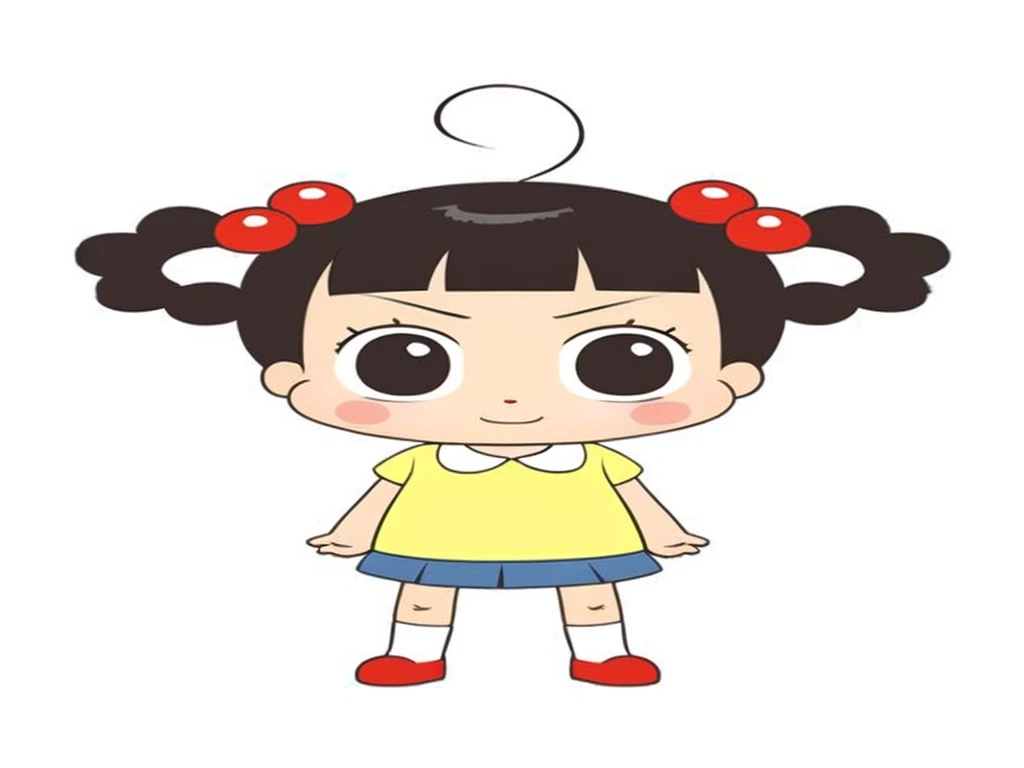a young girl with a distinctive and adorable appearance. She has a round face with big, expressive eyes and rosy cheeks. Her hair is styled in two pigtails, each secured with red hair ties and adorned with red ball-shaped decorations. She has short, straight bangs. The girl is wearing a yellow short-sleeved shirt with a white collar and a blue skirt. She also has white socks and red shoes. Her pose is simple, standing upright with her arms slightly out to her sides. There is a small curl of hair sticking up from the top of her head.
