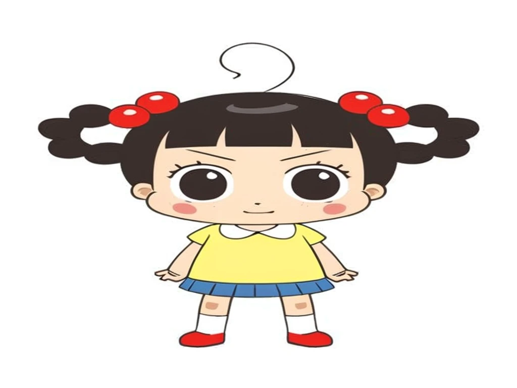 a young girl with a distinctive and adorable appearance. She has a round face with big, expressive eyes and rosy cheeks. Her hair is styled in two pigtails, each secured with red hair ties and adorned with red ball-shaped decorations. She has short, straight bangs. The girl is wearing a yellow short-sleeved shirt with a white collar and a blue skirt. She also has white socks and red shoes. Her pose is simple, standing upright with her arms slightly out to her sides. There is a small curl of hair sticking up from the top of her head.