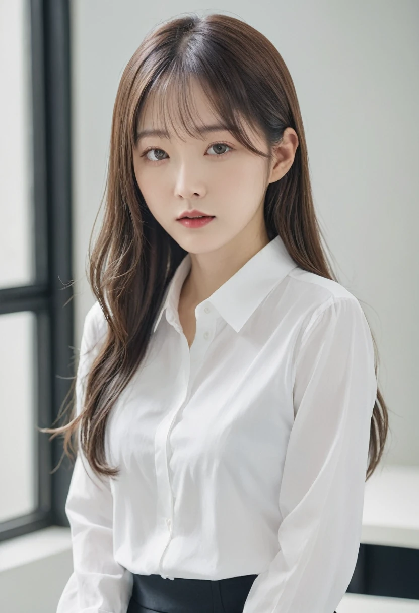 There is a woman with long hair and a white shirt., normal number, korean artist, Minjeong Shin, Jiyoung Kwak, Heonhwa Choi, Louise Zhang, Frontal portrait, jiyun chae, Taejun Kim, Hyunjoo Kim, Artist Yokoyama Arata, nishimiya shouko, professional profile photo, Portrait image, Jaeyeon Nam