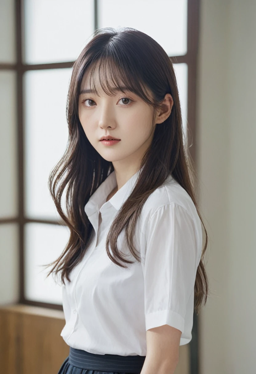 There is a woman with long hair and a white shirt., normal number, korean artist, Minjeong Shin, Jiyoung Kwak, Heonhwa Choi, Louise Zhang, Frontal portrait, jiyun chae, Taejun Kim, Hyunjoo Kim, Artist Yokoyama Arata, nishimiya shouko, professional profile photo, Portrait image, Jaeyeon Nam