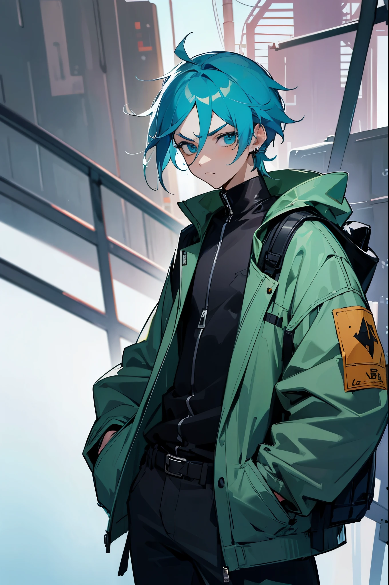 (masterpiece, best quality, highres, ultra detailed:1.2), (solo, 1boy, cowboy shot), korimiku, blue hair, green eyes, blue eyelashes, gloves, earrings, jacket, bag, BREAK, frown, serious expression, metal bars floating aaround them, black shirt, young adult, arms in pockets