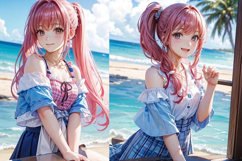 ((masterpiece、Highest quality、One female、High resolution))、Pink Hair、Side ponytail hair、Chiffon skirt、easide、Sandy Beach、horizontal line、blue sky、Off-the-shoulder shirt、Checkered clothing、university student、smile、Cowboy Shot