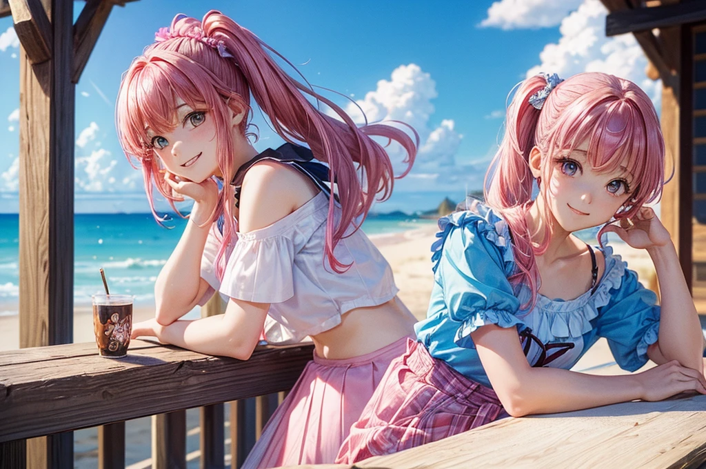 ((masterpiece、Highest quality、One female、High resolution))、Pink Hair、Side ponytail hair、Chiffon skirt、easide、Sandy Beach、horizontal line、blue sky、Off-the-shoulder shirt、Checkered clothing、university student、smile、Cowboy Shot