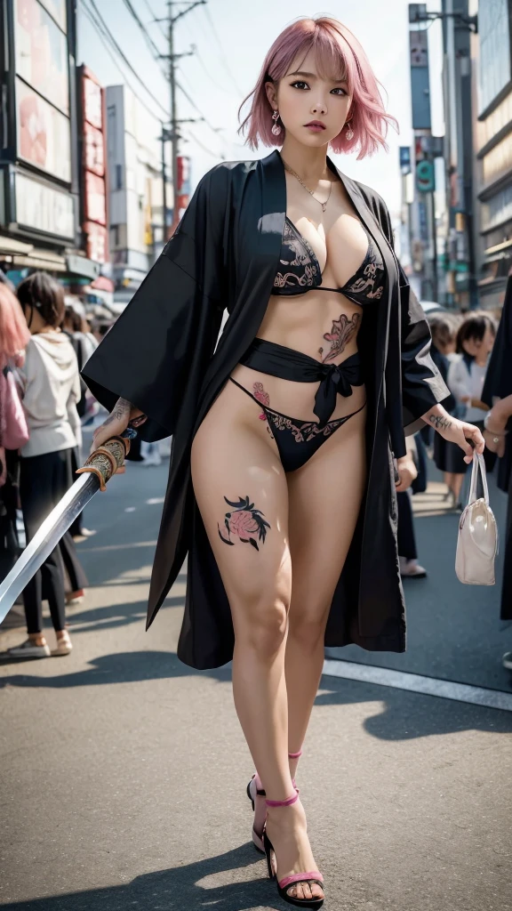 Beautiful Chinese woman, (), cute face, red lips, white moist skin, moles, (under-eye bags),
BREAK,
Feminine body with high athletic ability, Body of a female fitness model, Feminine body with hard tones, (Muscles: 1.2), (Beautiful belly button),
BREAK,
Fighter, Kung Fu fighter, Idol, (Yakuza), (Yakuza),
BREAK,
(Wearing a cute black kimono: 1.3), (Kimono with a lot of exposure), (Stiletto heels, black long boots 1.3), necklace, very large earrings, short length,
BREAK,
Short hair, (Short bob hair), (Bangs: 1.2), (Pink hair: 1.3), (Wavy hair),
BREAK,
(Very large Japanese sword: 1.4), (Holding the handle of a Japanese sword: 1.3), (Fighting: 1.2), (Getting into a fighting stance), (Beautiful blade of a Japanese sword: 1.2)
BREAK,
(Japanese tattoo: 1.4),
BREAK,
Masterpiece, Perfect lighting, Ultra high resolution, 8K, (Very detailed: 1.4), (From the front), Looking at the camera, Melancholic expression,
BREAK,
(Tokyo city, lots of people in the background: 1.2), Background of the city of Shibuya, Tokyo, Japan,