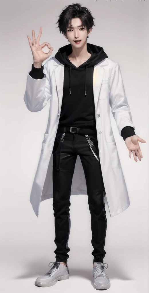 (OK Sign.:1.4),(photorealistic:1.2), (high detail face:1.3), (high detail hands:1.3), (anatomically correct hands:1.2), handsome young asian man, Japanese idol style, short clean-cut hair, ((center part)), (crisp white lab coat:1.3), ((black hoodie underneath:1.2)), (black pants:1.2), (black shoes:1.2), (enthusiastic expression:1.3), ((explain pose:1.4)), (both arms raised:1.3), (clenched fists:1.3), (energetic stance:1.2), plain white background, mid-shot portrait, full body view, high quality, detailed, 8K, (realistic skin texture:1.2), (sharp focus:1.1), (contrast between white coat and black clothing:1.2)