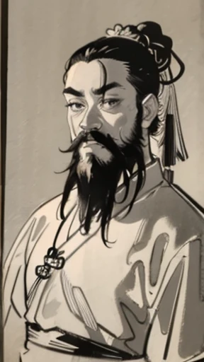 (((whole body))),((Monochrome)),(((Ink Painting))),Oriental、Young man、Men in ancient Chinese costumes、(ancient chinese hairstyle male)、As seen in the Romance of the Three Kingdoms々military commander、Highest quality、masterpiece、Ultra-high resolution、(Realistic:1.4)、Game Poster、Crisp and beautiful image quality、Beard、Embroidered cloth wrapped around a bun、whole body ,(Skin of color, ),(beard):1.2), (Very detailed, bloom:1.5), (Highest quality, Concept Art, 4K), (analog:1.2), (high sharpness), (Detailed pupil:1.1), Detailed face and eyes, masterpiece, Highest quality, (Very detailed photos:1.1), 8k, (Dynamic Short Hair), (PurerosFace_v1:0.2), [:(Detailed face:1.2):0.2], sharp, Shadow, 
