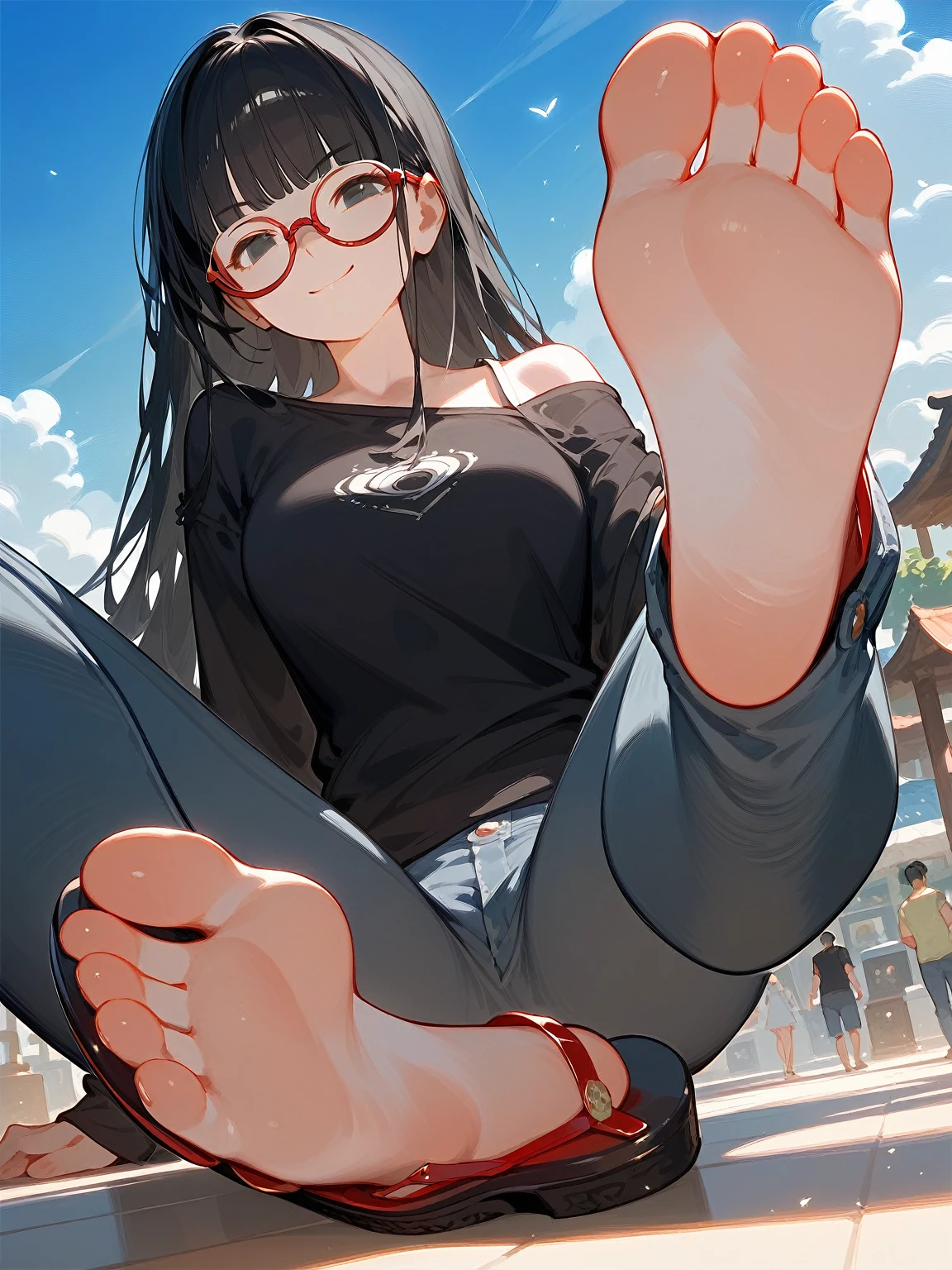 White off-shoulder casual wear,Modern dressing style,Disheveled,Bangs,齐Bangs ,blunt Bangs,Bangs,The background is in the room, Straight Hair,Long hair,best quality, Very detailed, masterpiece, Extremely detailed, illustration, Sky,Foot Focus, barefoot,black eyes,Black Hair,Red round-rimmed glasses,Red round-rimmed glasses,Two feet,There is a pair of sandals on the ground on the right side of the screen,个子Very high,Very high,Around 30 years old,Mature,Smirk,jeans,
