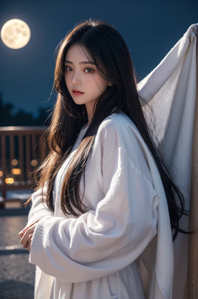 The beautiful girl, with long hair, eyes covered by cloth, in the middle of the night, full moon, the beautiful girl with eyes covered by cloth, long hair, in the middle of the night, full moon, with clothes depicting symbols of pluralism, detailed, UHD, the girl with eyes covered by cloth, in the middle of the night, full moon, detailed picture, symbol of pluralism on the clothes.