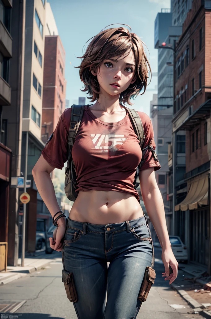 NSFW, Masterpiece, 1.4 Top Image 4K, Ellie The Last Of Us, Brown Hair, Red Shirt, Dark Blue Pants, Rendering In An Apocalyptic City, Showing Panties, Ultra Realistic, 4K Wallpaper, EnvyBetterHands LoCon.