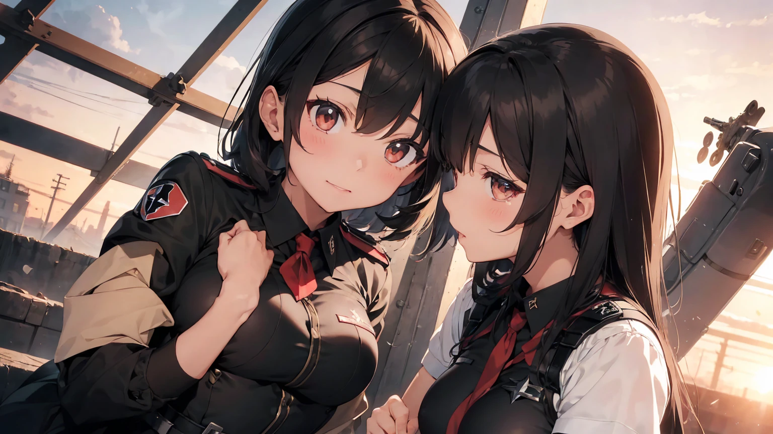 Gestapo uniform, female lesbian kawaii sisters kissing passionately with T-54 military tank. wearing Luftwaffe uniforms. 8k. masterpiece. best quality. best artwork. lingerie. Swastika insignia red armband. busty bare breasts. sunset.