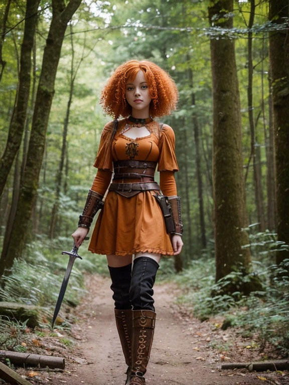 17 year old girl, Lovely, orange hair, Very short, Very curly, slim, flat bust, with freckles on the face, with slavic features, steampunk dress, Whole body, two hands, sword in right hand, shows her legs, In the woods.