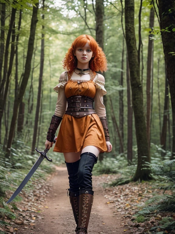 17 year old girl, Lovely, orange hair, Very short, Very curly, slim, flat bust, with freckles on the face, with slavic features, steampunk dress, Whole body, two hands, sword in right hand, shows her legs, In the woods.