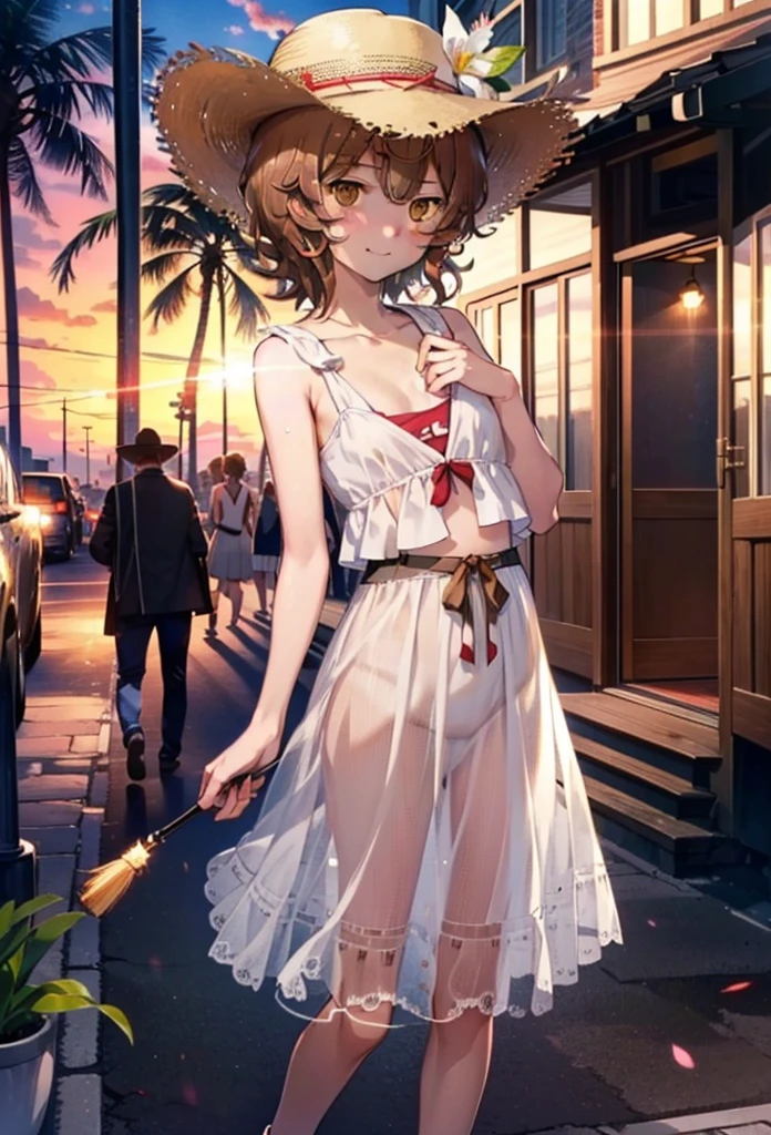 Lililukarde, Liliruka gets burned, , (Brown eyes:1.7), Brown Hair, (Flat Chest:1.2), smile,blush,Straw hat short hair,White sleeveless dress,Long skirt,Heeled Sandals,Walking,sunset,evening,The sun is setting,whole bodyがイラストに入るように,
break looking at viewer,whole body, (Cowboy Shot:1. 5)
break outdoors, Building district,Palm tree,Tropical,
break (masterpiece:1.2), Highest quality, High resolution, unity 8k wallpaper, (figure:0.8), (Beautiful attention to detail:1.6), Highly detailed face, Perfect lighting, Highly detailed CG, (Perfect hands, Perfect Anatomy),