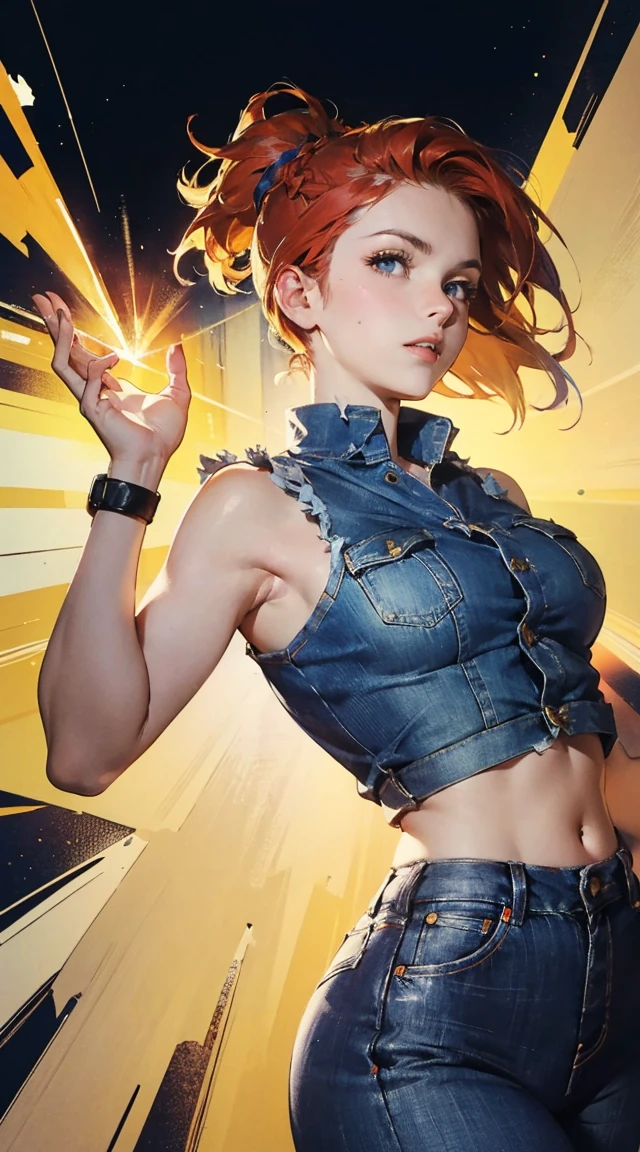 (8k, RAW photo, best quality, masterpiece:1.2), RanmaChan, RanmaRedShirt, (SFW)Similar arts John Buscema(((1 rapariga, fluffy, denim jackets, White blouses, jeans, key money, Loire, short-haired, bobhair, Parting hair to the side, blue eyes))), (((blonde hair))), dynamicposes, Manga style , Depict a group of characters in different action scenes, from intense battles to joyous moments, with dramatic lines of speed and bold sound effects, capturing the excitement and energy of the story, palm laser beams, Attack forward with the palm of your hand, Yellowstone Park, Grand Canyon, ((masterpiece)), high quality, very_high_resolution, large_filesize, full color, heavy outline, clear outline, colorful, (beautiful detailed eyes), (beautiful face:1.3), (boyish face), 1 girl, (femaleranma), (red hair), short hair, (braided ponytail), ((bangs)), bumpy bangs, blue-gray eyes, big breasts, curvy, black-wristbands, femaleranma, braided ponytail, chinese clothes, sleeveless, tangzhuang, black pants, cameltoe, standing, upper body, front view, (8k, RAW photo, best quality, masterpiece:1.2), RanmaChan, RanmaRedShirt, blue pants (masterpiece, best quality:1.2), 1 girl, Solitary
