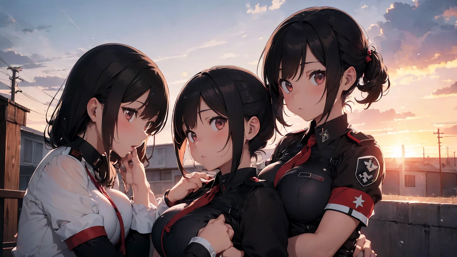  Gestapo uniform, female lesbian  kawaii sisters kissing with T-54 military tank. wearing Luftwaffe uniforms. 8k. masterpiece. best quality. best artwork. lingerie. Swastika insignia red armband. busty bare breasts. nipples. sunset. snowing