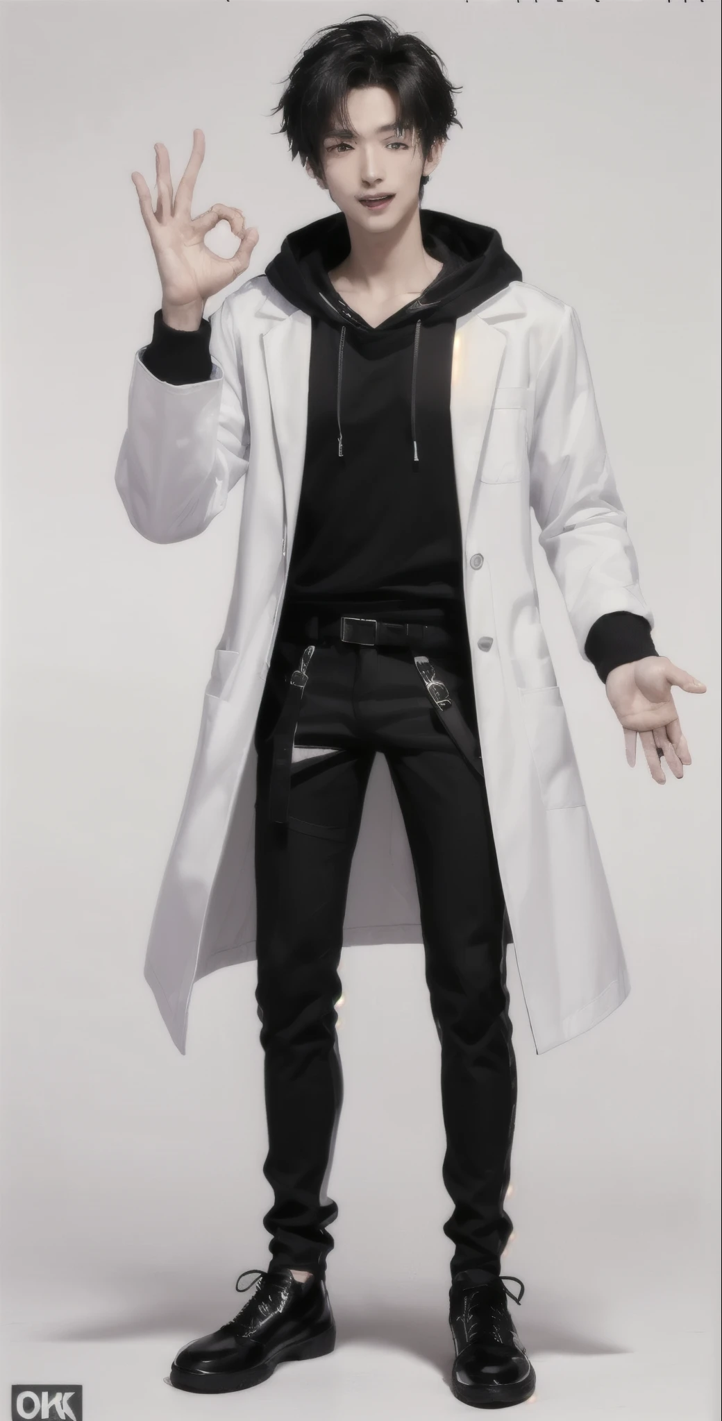 (OK Sign.:1.4),(photorealistic:1.2), (high detail face:1.3), (high detail hands:1.3), (anatomically correct hands:1.2), handsome young asian man, Japanese idol style, short clean-cut hair, ((center part)), (crisp white lab coat:1.3), ((black hoodie underneath:1.2)), (black pants:1.2), (black shoes:1.2), (enthusiastic expression:1.3), ((explain pose:1.4)), (both arms raised:1.3), (clenched fists:1.3), (energetic stance:1.2), plain white background, mid-shot portrait, full body view, high quality, detailed, 8K, (realistic skin texture:1.2), (sharp focus:1.1), (contrast between white coat and black clothing:1.2)