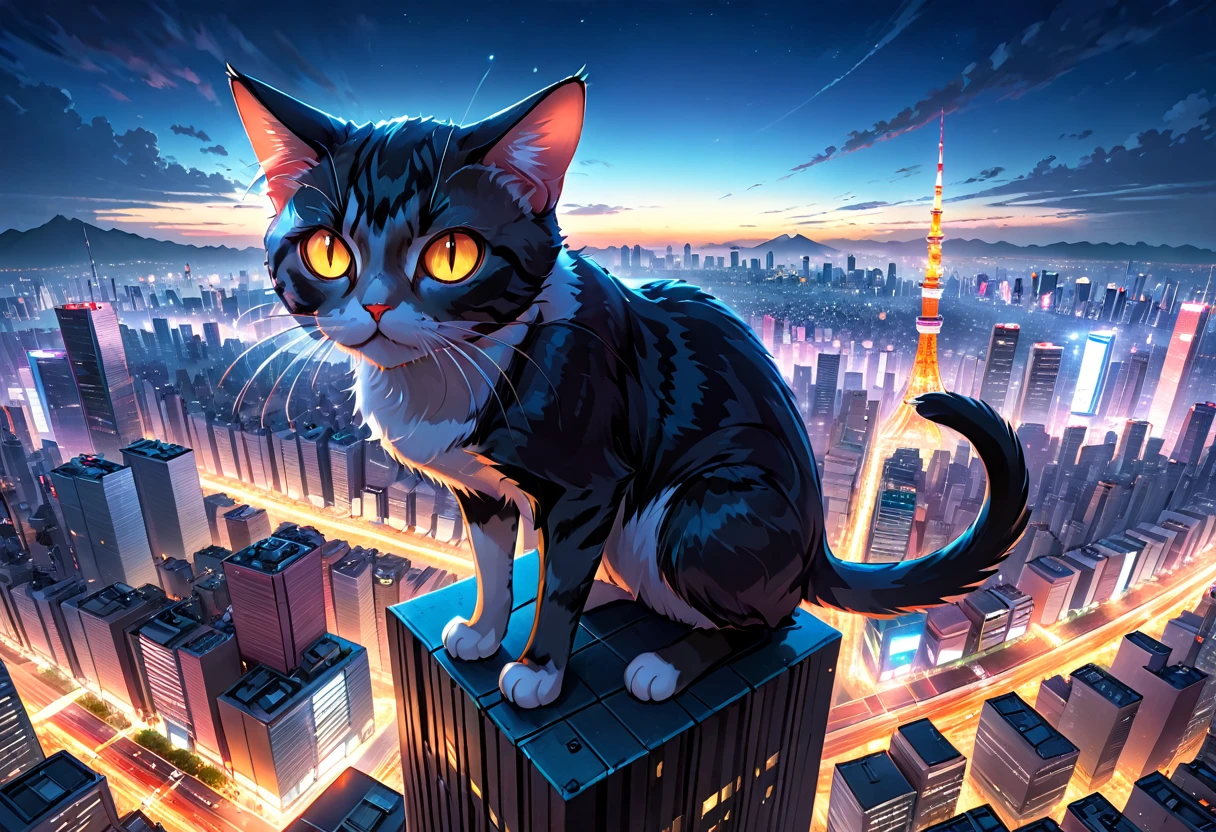 ((Masterpiece, top quality, high resolution)), ((highly detailed CG unified 8K wallpaper)), A cat monster, bigger than a building, is sitting in the center of Tokyo, stomping on the building, arafed cat sitting on a ledge above a city at night, cat attacking tokyo, perched on a skyscraper, cyberpunk cat, planet of the cats, giant cat monster, with a city in the background, city in the background, towering over a city, acrophobia, bird's eye view, neko, very very surreal, bird eye view,