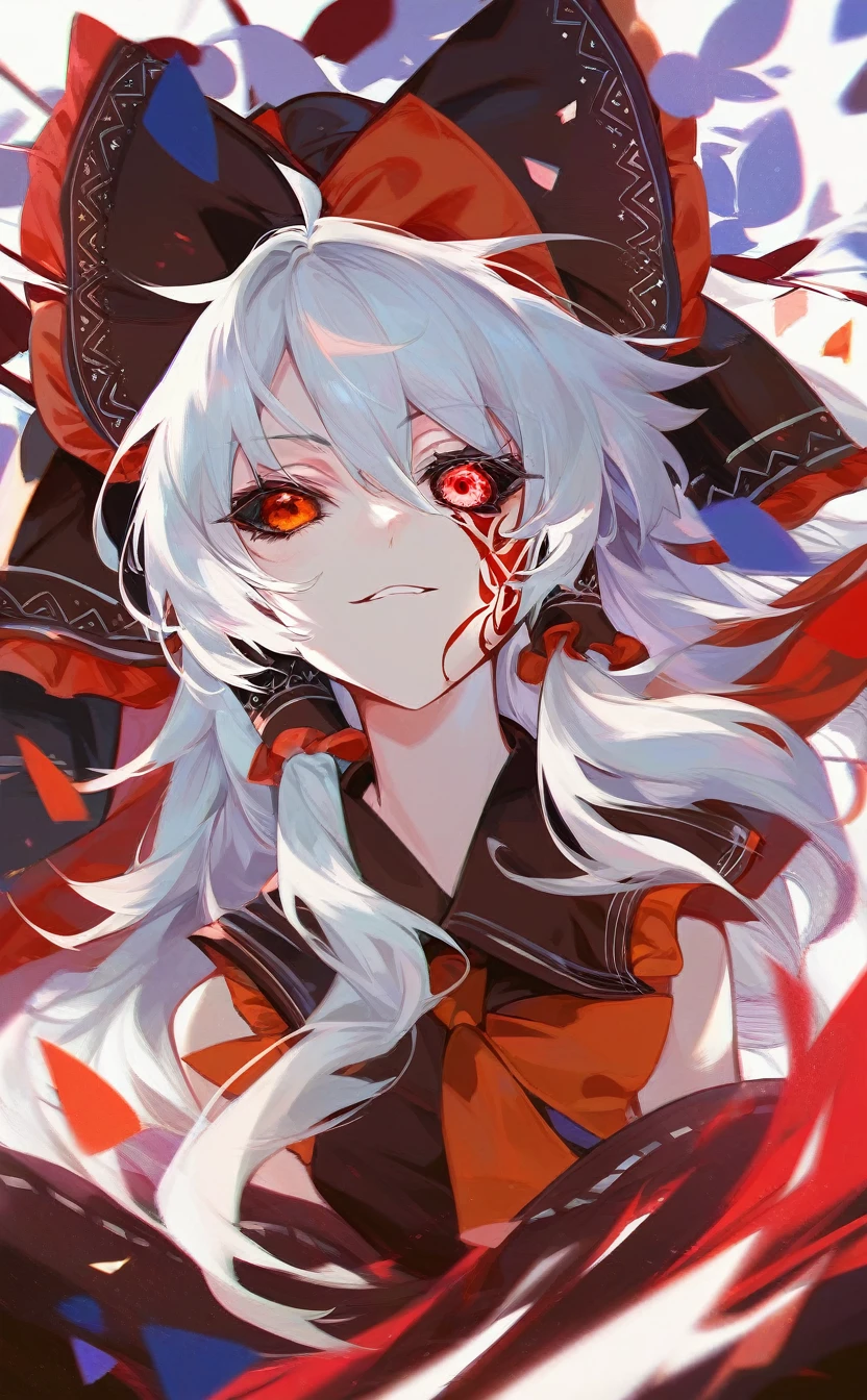 Fraction_9, Fraction_8_up, Fraction_8, 1 Girl,Self-Reimu,Tattoo,skirt,,Oyumi Shrine,portrait,Wide sleeves,Reimu Hakurei, White hair,Japanese cartoons,Red Eye,Black_sclera,orange_Eye,Does not match_sclera,Heterochromia,portrait,dark_people