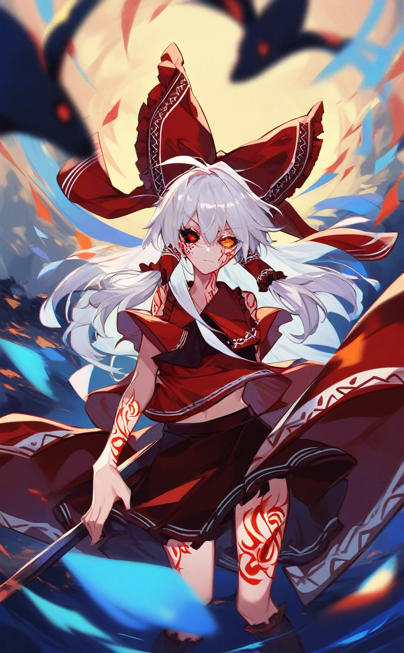 Fraction_9, Fraction_8_up, Fraction_8, 1 Girl,Self-Reimu,Tattoo,skirt,,Oyumi Shrine,portrait,Wide sleeves,Reimu Hakurei, White hair,Japanese cartoons,Red Eye,Black_sclera,orange_Eye,Does not match_sclera,Heterochromia,portrait,dark_people