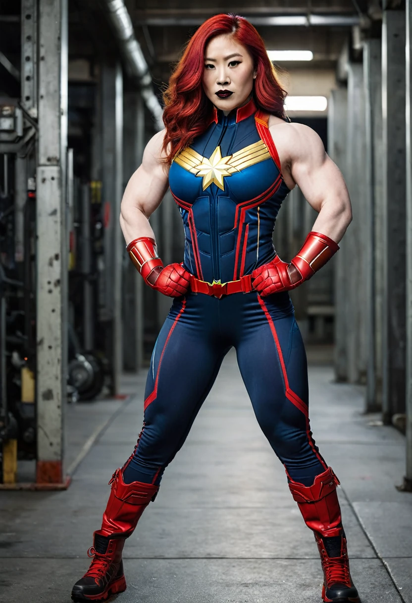 Busty muscular Amouranth, strong huge biceps, strong tonned abs, enormous round tits, huge firm boobs, hypermuscular bodybuilder, Orange hair, blue eyes, superwoman costume, city background