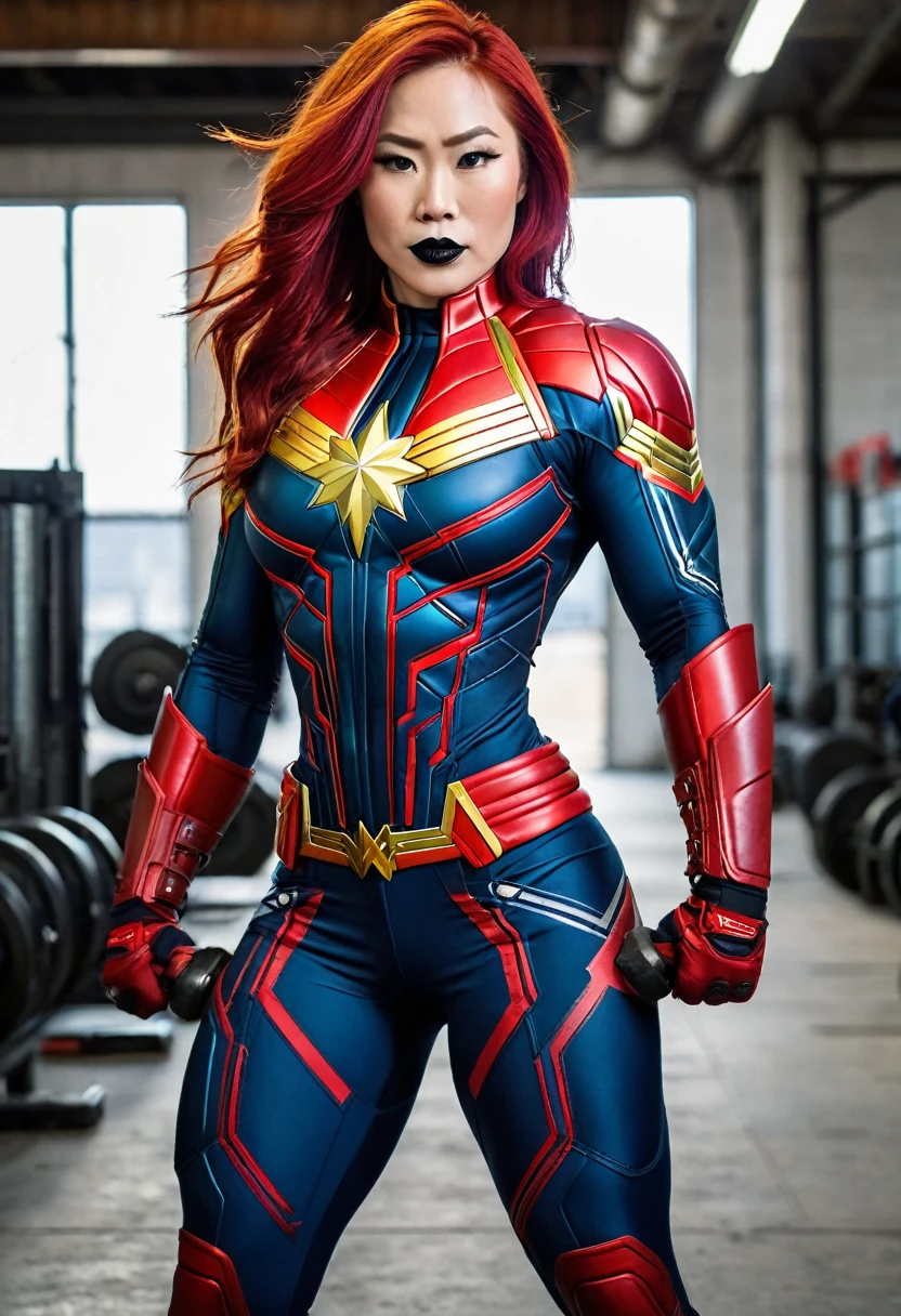 ((((Massive, beautiful, buff, pale white skinned muscular asian woman with red hair, black lipstick, ginormous bulky muscles, wearing a red captain marvel suit with pants)))), vascular body, massive muscle, ((massive biceps)), hyper muscle triceps, (long hair), yellow eyes, hero boots, hero gloves and spiked gauntlets, in the void of space, evening, smirk, hyper muscles arms, hyper muscle legs, massively buff arms.