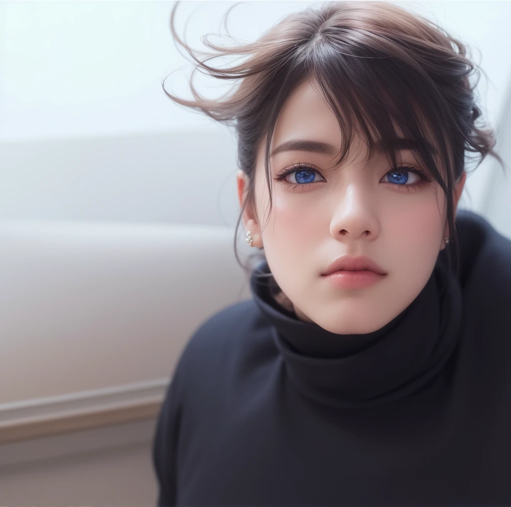 Beautiful big breastokeh), indoors, detailed luxury living room, gentle and charming beautiful goddess, Korean(kpop-idol), solo, necklace, oval face, double eyelids, smart, good hands, good feet, Natural, (from below angle), (glossy skin:1.05), ((low angle)), Perfect figure, (64k, UHD, RAW photo, best quality, masterpiece:1.4), (realistic, photo-realistic:1.37), ultra high res, photon mapping, radiosity, physically-based rendering, professional soft lighting, blue eyes, purpel hair, tattoo