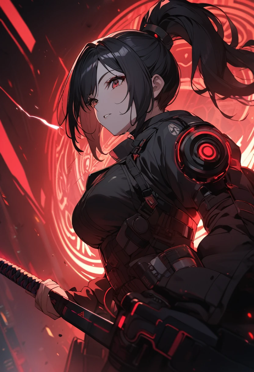 A woman,matured, perfect anatomy, cyberpunk gas mask,long pony tail hair(black hair),red aura,red magic circle,long samurai sword,closeup cinematic lighting, cinematic angle,