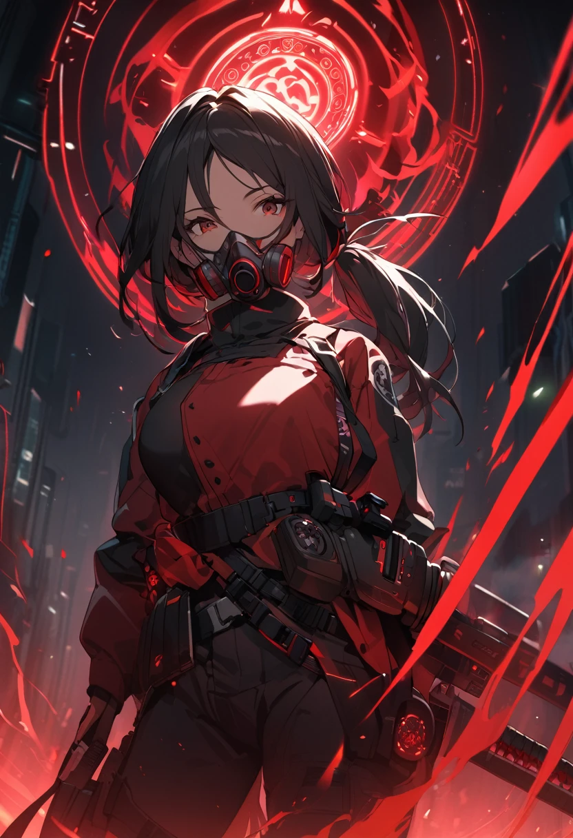 A woman,matured, perfect anatomy, cyberpunk gas mask,long pony tail hair(black hair),red aura,red magic circle,long samurai sword,closeup cinematic lighting, cinematic angle,