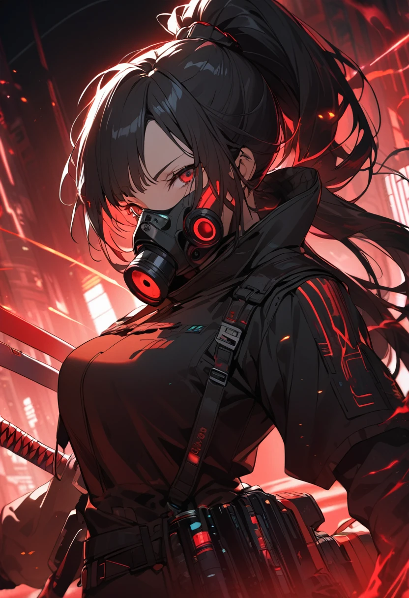 A woman,matured, perfect anatomy, cyberpunk gas mask,long pony tail hair(black hair),red aura,red magic circle,long samurai sword,closeup cinematic lighting, cinematic angle,