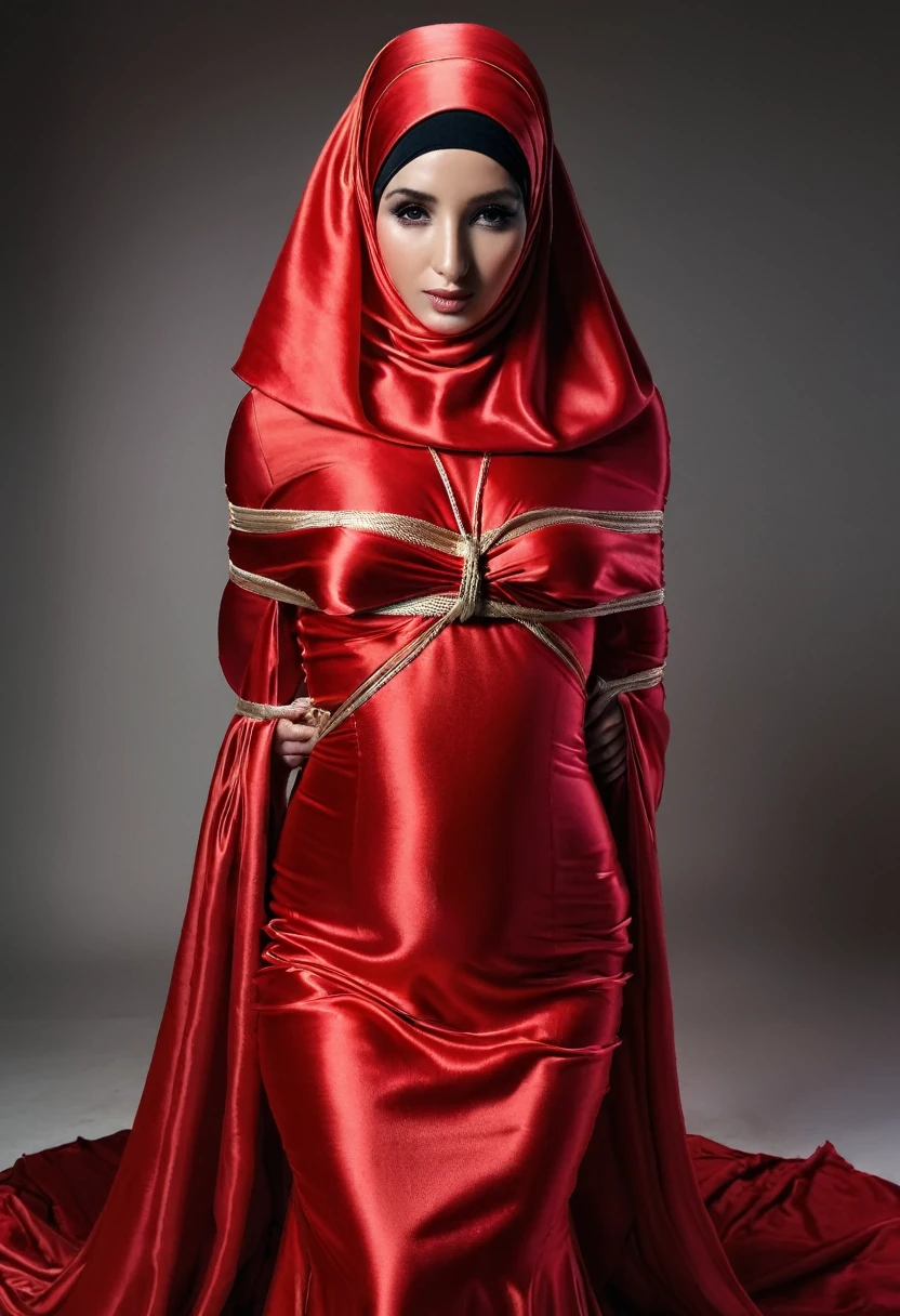 a sexy a woman covered in large red satin cloth, tied tightly with the satin cloth, mummified, the satin hanging down very long, a mermaid style dress, wearing a satin hijab, the satin cloth is very long, forming the curve of the body, flowy satin about 4 meter,full body pose, masterpice, 4k resolution, ultra-realistic, highly detail.